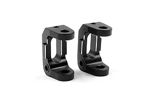 Two black aluminium front hub carriers for RC cars, shown from a side angle against a white background.
