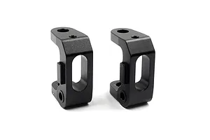 Two black anodized aluminium C-hub front suspension carriers for RC cars on a white background.