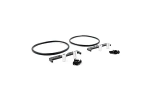 Yeah Racing carbon fibre battery holder set including two carbon plates, two rubber O-rings, four silver metal standoffs, and eight black screws.