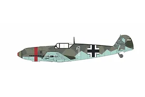 A side-profile digital illustration of a Messerschmitt Bf 109 fighter aircraft in camouflage livery with a red band and the number 1 on the fuselage.