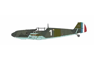 A digital side-profile illustration of a Messerschmitt Bf 109 fighter aircraft in a camouflage paint scheme with the number 1 on the fuselage.