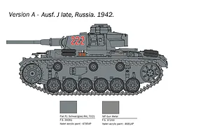 A side-profile illustration of a German Pz.Kpfw. III tank, showing the Ausf. J late version with paint color swatches and reference codes.