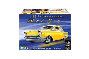 Revell 1/25 scale 1957 Chevrolet Bel Air plastic model kit box art showing a yellow classic car.