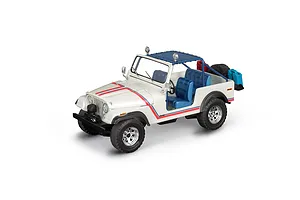 A 1/24 scale model of a white 1977 Jeep CJ-7 with blue interior, red and blue racing stripes, and off-road accessories on a white background.