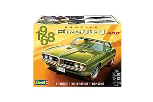 Product box for a Revell 1/25 scale 1968 Pontiac Firebird 400 plastic model kit, featuring an illustration of a green classic car.