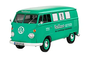 A 1/24 scale model of a green Volkswagen T1 Bus with Vaillant branding, featuring white bumpers and wheels, isolated on a white background.