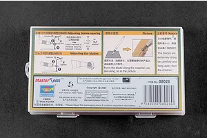 The back of a Trumpeter Master Tools Rivet Maker packaging, showing diagrams for adjusting blade spacing and usage instructions in English and Chinese.