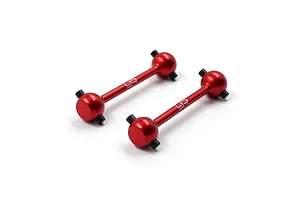 Two red anodized aluminium RC driveshafts with black cross pins, featuring the Yeah Racing logo laser-etched on the shafts, set against a white background.