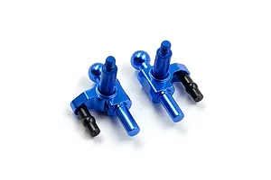 A pair of Yeah Racing deep blue anodized aluminium steering knuckles for Mini-Z RC cars against a white background.