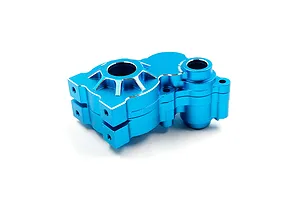 A blue anodized aluminium RC gearbox case by Yeah Racing, shown from an angled perspective against a white background.
