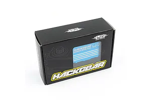 Black cardboard packaging box for a Yeah Racing Hackgear brushless digital servo, featuring the Hackgear logo and branding on a white background.