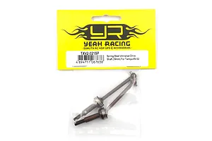Two Yeah Racing spring steel universal CVD driveshafts in their original yellow and black retail packaging.