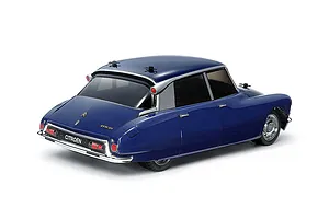 A rear three-quarter view of a blue Tamiya Citroen DS 21 RC car model on a white background.
