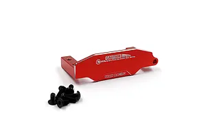 A red anodized aluminium servo mount for RC cars by Yeah Racing, shown with a small pile of black mounting screws on a white background.