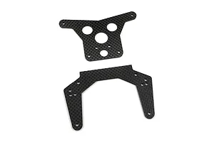 Two carbon fibre RC shock towers with a woven pattern, featuring various mounting holes, displayed against a white background.