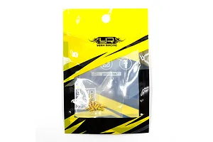 A packet of gold-coloured countersunk RC screws from Yeah Racing in their branded yellow and black packaging.