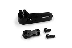 Black aluminium 25T servo horn with a separate mounting plate and two small black screws on a white background.