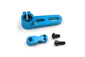 A blue anodized aluminium 25T servo horn with a separate mounting plate and two black screws on a white background.