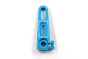 A blue anodized aluminium servo horn for RC vehicles, featuring laser-etched markings and a clamping design.