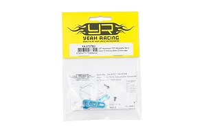 Yeah Racing Aluminium 25T Adjustable Servo Horn in blue packaging, showing the metal horn and included screws inside a clear plastic bag with a yellow header.