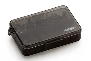 A translucent black plastic storage box filled with various metal screws for RC models, featuring the Yeah Racing logo on the lid.