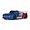 ARRMA Infraction 223S RC drift truck in blue, silver, and red livery, featuring black wheels and a clear rear wing on a white background.