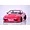 Front view of a red RC drift car body shell on a white studio surface with a visible intercooler and black wheels.