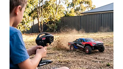 A Traxxas Slash RC truck kicking up dirt in a sunny Australian backyard, controlled by a child.