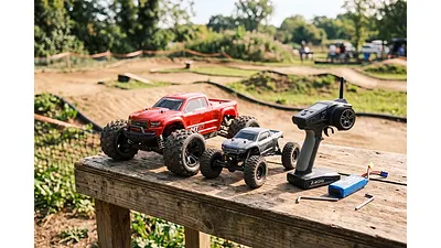 An RC monster truck, rock crawler, and radio controller sitting on a sunlit outdoor workbench.
