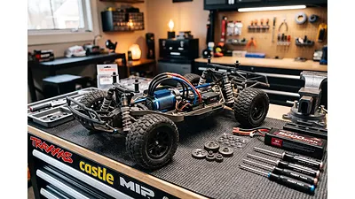 An RC short course truck chassis on a workbench surrounded by speed upgrade parts like brushless motors, gears, and batteries.