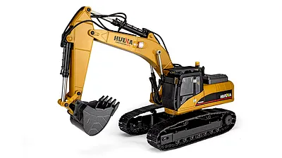 A studio product shot of a yellow and black remote-controlled toy excavator featuring rubber tracks and a metal bucket.