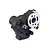 An assembled Traxxas RC transmission unit featuring a black plastic housing, a silver metal motor plate, and a blue anodized component.