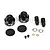 Two black aluminium Pro-Line Fox shock caps with associated rubber diaphragms, pivot balls, washers, and small screws on a white background.