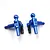 Two blue anodized aluminium RC steering knuckles with ball joints and black plastic inserts on a white background.
