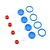 A set of RC shock absorber components including blue silicone membranes, blue O-rings, clear O-rings, and small red foam cylinders on a white background.