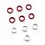 A collection of nine small metal spacers in red and silver finishes arranged on a white background.