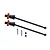 Two GPM Racing CVD driveshafts with orange aluminium wheel hexes, two metal pins, and two small grub screws on a white background.