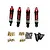 Four red and black aluminium RC shock absorbers with included brass ball ends, black O-rings, and mounting screws on a white background.