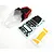 Hobby Plus 1/18 scale RC crawler body shell with red and black paint, accompanied by a decal sheet and yellow masking tape on a white background.