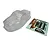 A clear, unpainted 1/18 scale RC truck body shell alongside a sheet of decals on a white background.