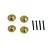 Four brass wheel hex extenders and four black metal pins arranged on a white background.