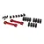 A set of Traxxas red anodized aluminium suspension mounts and various grey plastic hinge pin retainers and spacers on a white background.