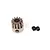 A steel 12-tooth pinion gear with a set screw hole, accompanied by two small black grub screws on a white background.