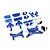 A collection of dark blue anodized aluminium RC car upgrade parts including suspension arms, steering knuckles, and shock towers.