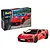 A Revell 1/25 scale Corvette C8 Coupe plastic model kit box next to a fully assembled and painted red model car.