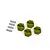 Four brass-colored hexagonal wheel hex hubs and four small metal pins arranged on a white background.