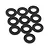 A group of ten small, black, circular aluminium washers arranged on a white background.