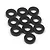 A collection of ten small, black circular aluminium washers arranged on a plain white background.