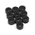 A cluster of ten small black aluminium washers arranged on a white background.