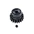 A black 18T pinion gear by GPM Racing with a small grub screw placed below it on a white background.